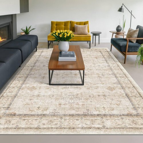 Hazo Haus Ivory 5x8 Area Rug for Bedroom, Home Office, Washable Non Slip Dinning Rugs for Under Table, Soft Low Pile Neutral Farmhouse Boho Living Room Décor