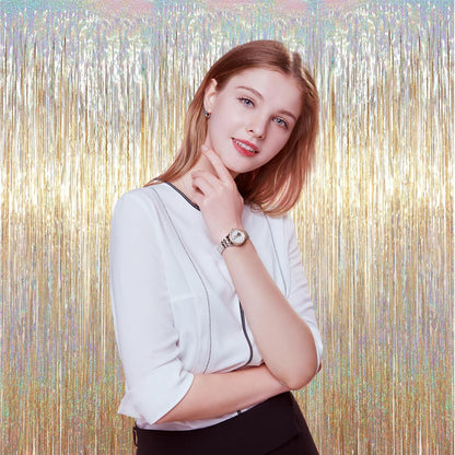 Voircoloria Foil Fringe Backdrop Curtains - 3.3 x 6.6 Ft Tinsel Streamers for Parties | Champagne Color