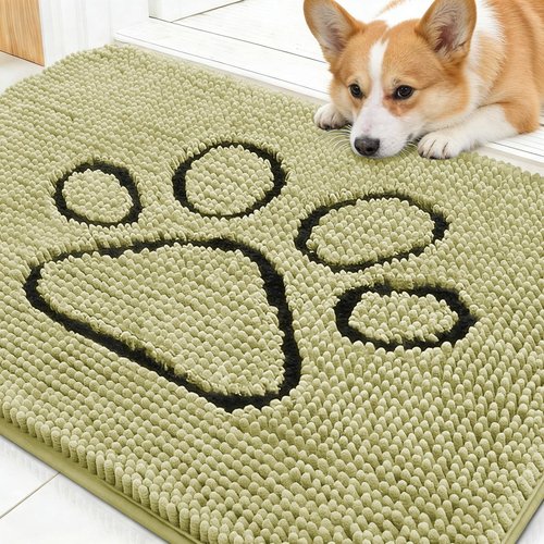 OLANLY Dog Door Mat for Muddy Paws 30x20, Paw Print Design, Absorbs Moisture and Dirt, Absorbent Non-Slip Washable Doormat, Quick Dry Chenille Mud Mat for Dogs, Entry Indoor Entryway Carpet, Vanilla