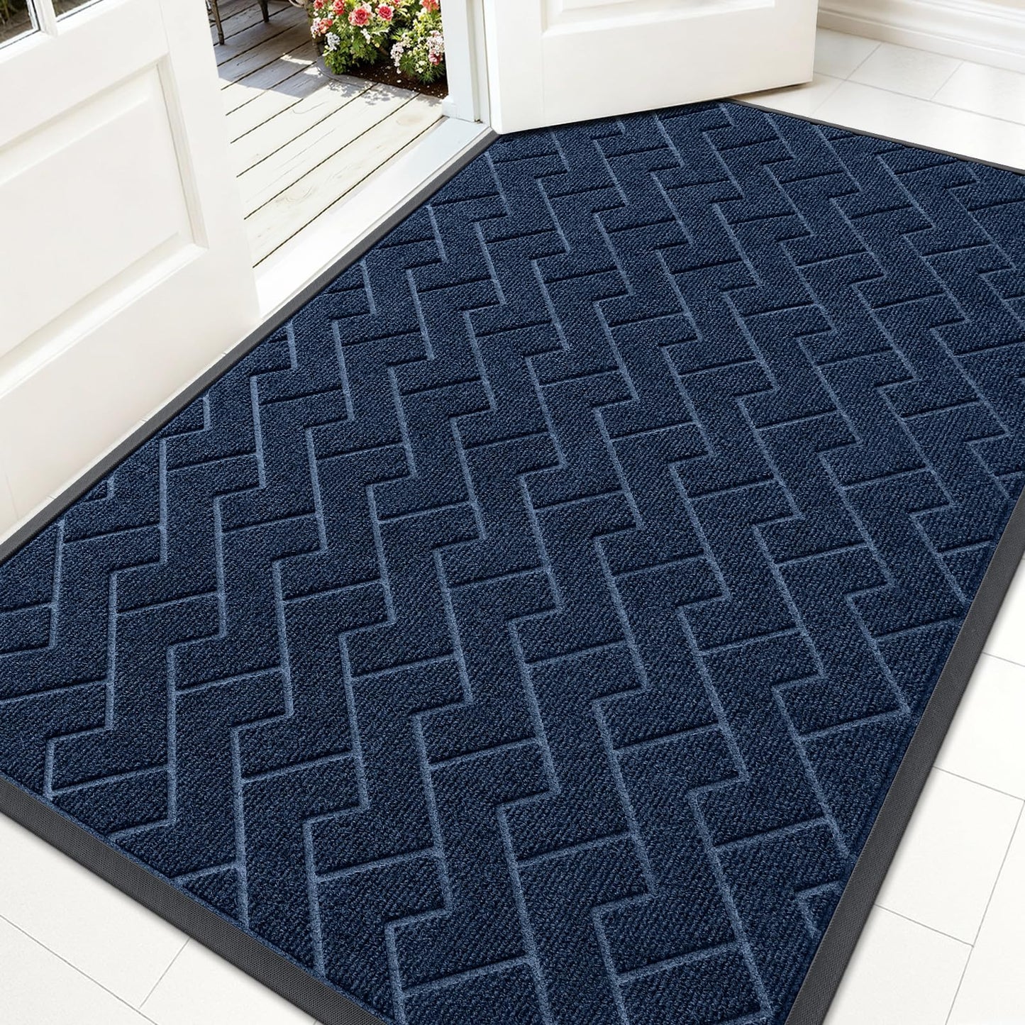 OLANLY Front Door Mat Indoor Outdoor Entrance, Waterproof All-Season, All-Weather Doormat, Sturdy Natural Rubber, Low Profile, Easy Clean Patio Porch Entryway Mat, Herringbone Brick (Blue, 59x35)