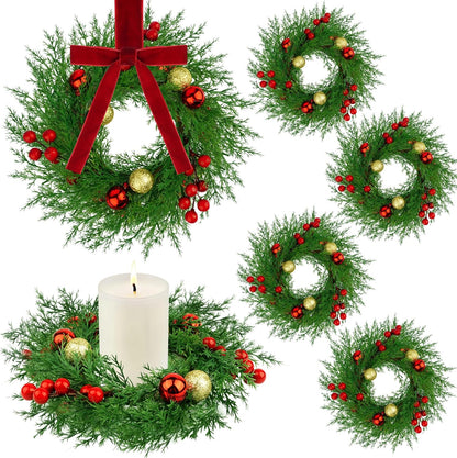 Regine Switzerland Christmas Candle Rings - 6 Pcs Mini Wreaths with Xmas Balls & Red Berries for Holiday Decor