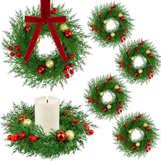 Regine Switzerland Christmas Candle Rings - 6 Pcs Mini Wreaths with Xmas Balls & Red Berries for Holiday Decor