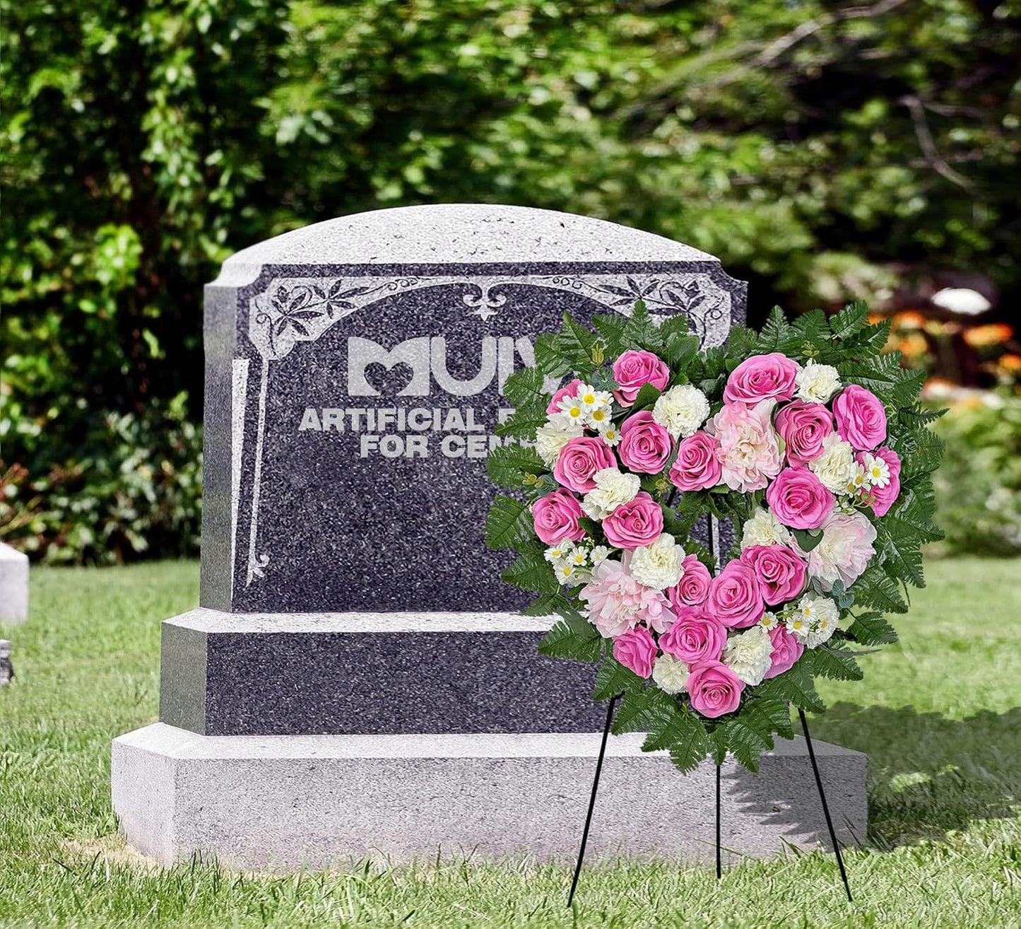 MUVIC Cemetery Flower Wreath - Elegant Heart-Shaped Memorial Floral Arrangement | 27-Inch Pink Hibiscus, Rose, Carnation, Daisy