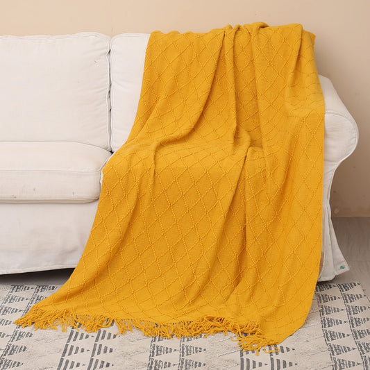 Catalonia Classic Knitted Throw Blanket with Tassel, Soft Cozy Fringe Throw for Couch Bed Sofa, Lightweight Decorative ModernTextured Blanket for All-Season, Yellow, 50"x60"