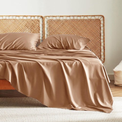 Bedsure Cooling Bed Sheets - Rayon from Bamboo, Breathable & Soft | Full Size, Deep Pocket Up to 16 Inches, Khaki