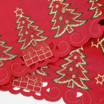 13"x70" Christmas Table Runner - Embroidered Red Tree & Gifts, Polyester | Simplebrand