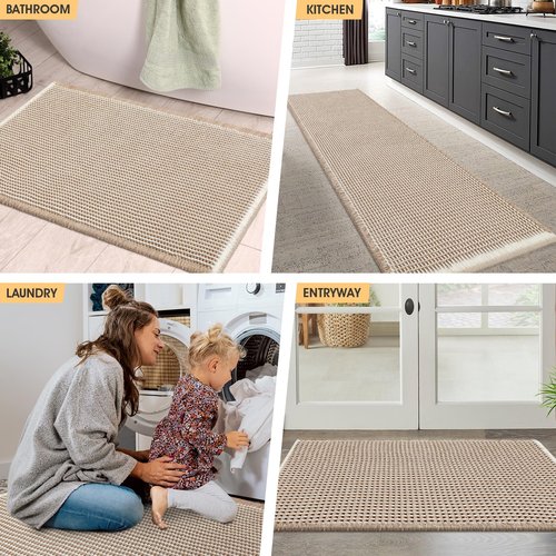 IM HOME Waffle Bath Mat Brown & Cream 32"x20", Boho Woven Modern Bath Mat Rugs, Absorbent Non Slip Bathroom Rugs, Soft Washable Bath Rugs with Tassels for Bedroom, Kitchen, Shower, Tub