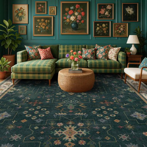 Hazo Haus Dark Green Oushak Area Rug - Modern Vintage Boho Floral Design, 10x14, Washable & Non-Slip