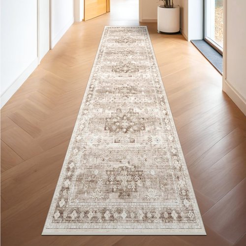 Hazo Haus Non Slip Hallway Runner Rug - 2 x 10 Runner Rug, Washable & Waterproof Kitchen Floor Mat - Extra Long Neutral Farmhouse Boho Design Décor (2x10 Beige/Latte)