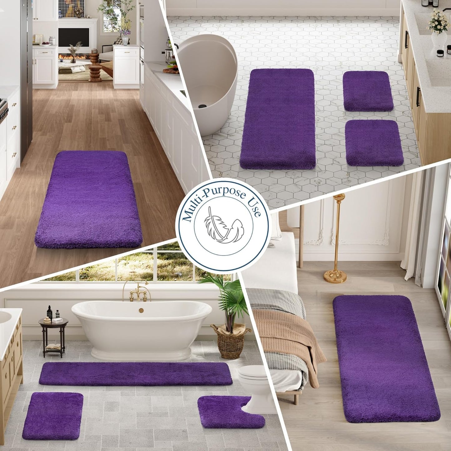 Walensee Non-Slip Bath Mat - Soft Microfiber Shaggy Rug, Water Absorbent | 16 x 24, Dark Purple