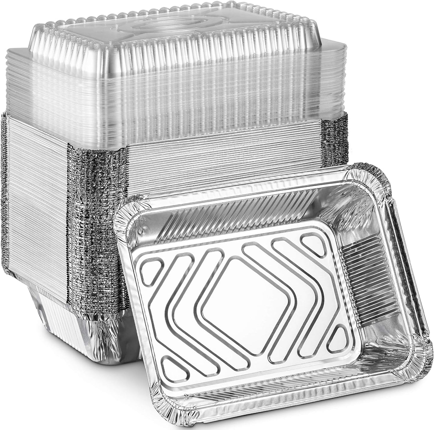 MontoPack Disposable Aluminum Foil Takeout Pans - 2lb Capacity with Clear Lids | Eco-Friendly & Recyclable | 50-Pack 8x5.5” Drip Pans