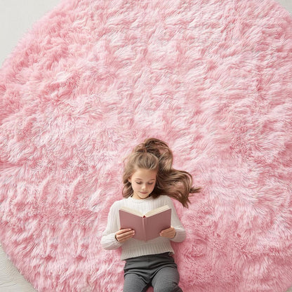 OLANLY Pink Round Area Rug - Soft & Fluffy 9 ft Shaggy Carpet for Bedroom, Living Room, Nursery Decor