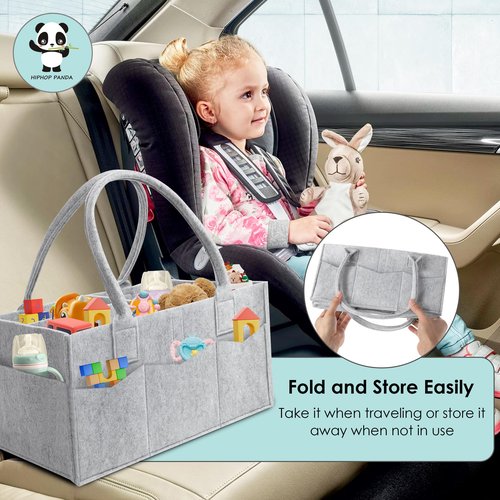 HIPHOP PANDA 2-Pack Diaper Caddy Organizer - Newborn Essentials Baby Registry Must Haves - Sturdy Nursery Storage Bin & Portable Car Caddy for Diapers & Wipes - Grey/Oatmeal Gift Set
