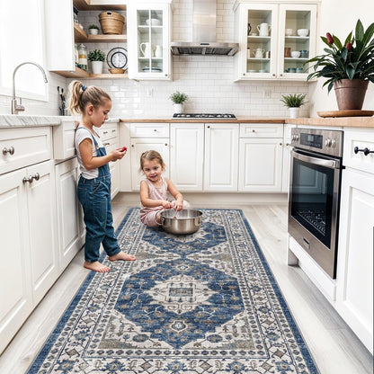Skiennix Washable 4x8 Hallway Runner Rug - Vintage Soft Low Pile Non-Slip Carpet in Blue for Entryway & Living Room