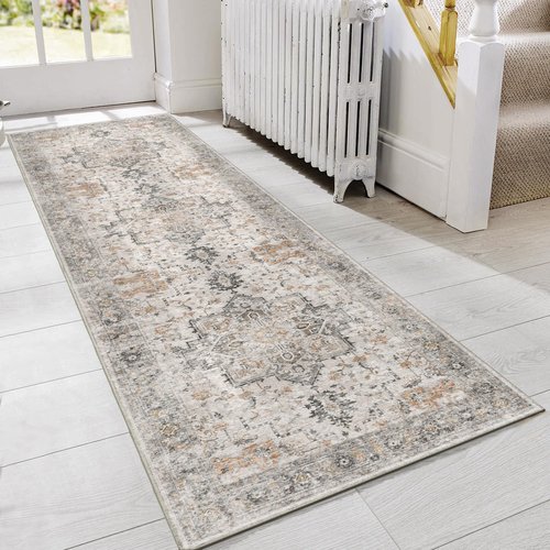 GENIMO Runner Rug 3x7, Non Slip Vintage Hallway Runner Rugs, Low Pile Lightweight Machine Washable Mat for Hallway, Entryway, Bedroom, Kitchen and Corridor, Light Taupe Brown