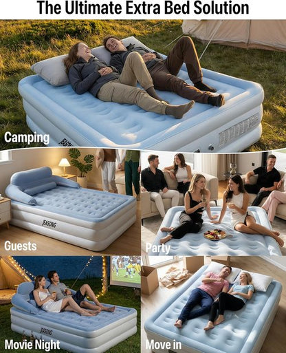 JEASONG Queen Air Mattress - 20" Raised Inflatable Bed with Built-in Pump & Headboard | Portable for Camping & Guests