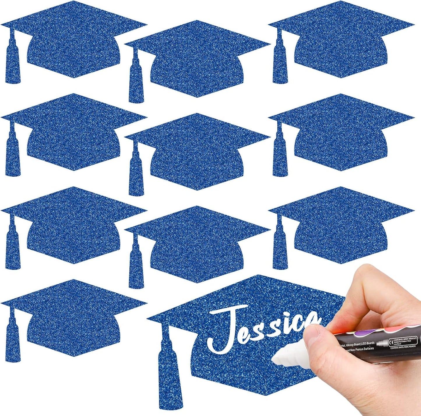 Whaline Graduation Cap Cutouts - Glitter Blue Confetti with 100 Glue Points | 50 Pcs, 5.7 Inch