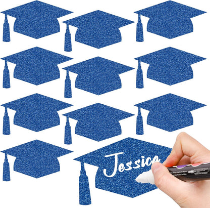 Whaline Graduation Cap Cutouts - Glitter Blue Confetti with 100 Glue Points | 50 Pcs, 5.7 Inch