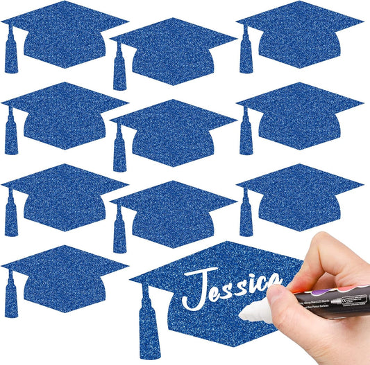 Whaline Graduation Cap Cutouts - Glitter Blue Confetti with 100 Glue Points | 50 Pcs, 5.7 Inch