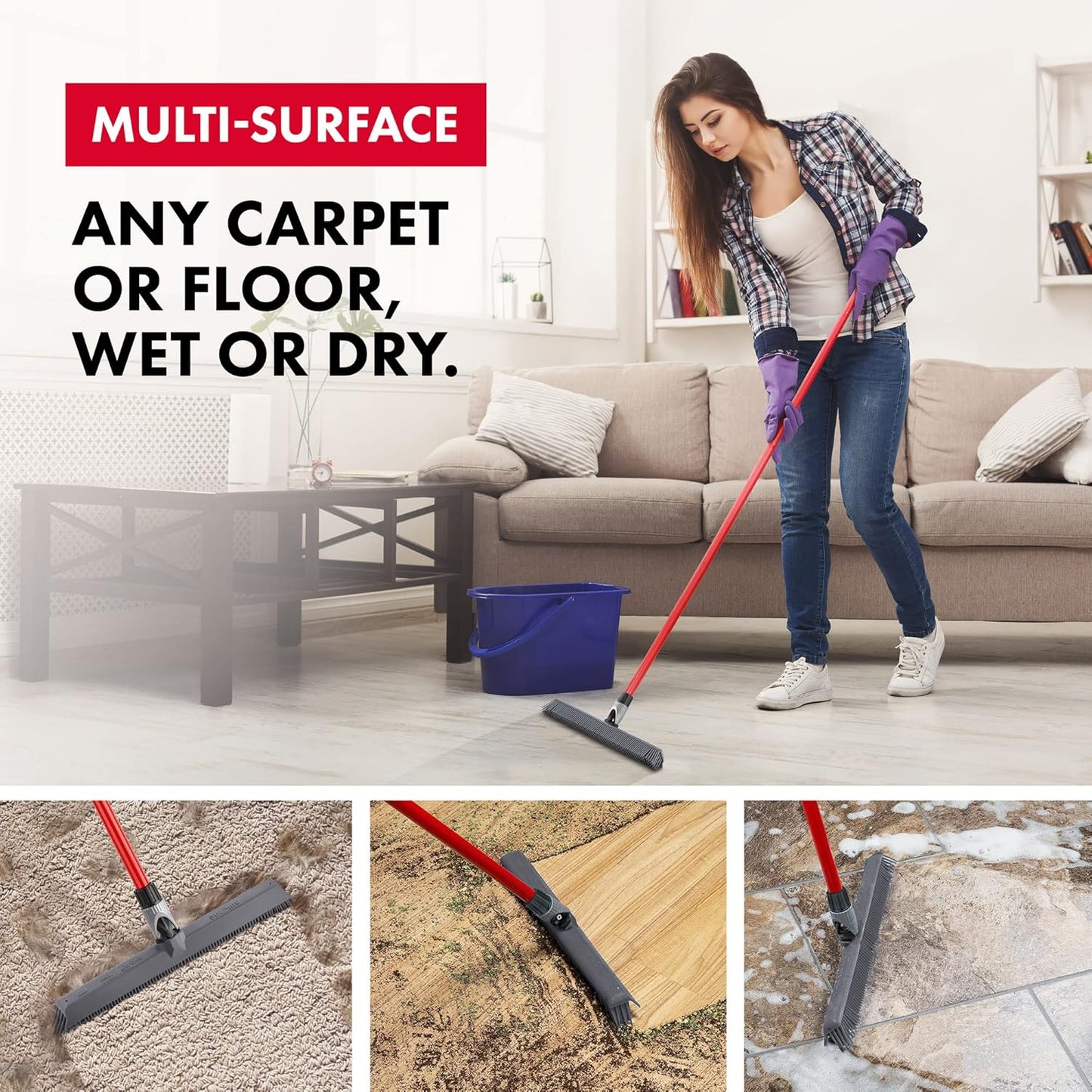 Skiennix 2-in-1 Silicone Rubber Broom | Swivel Pet Hair Removal with Long Handle - Ideal for Carpet & Floors