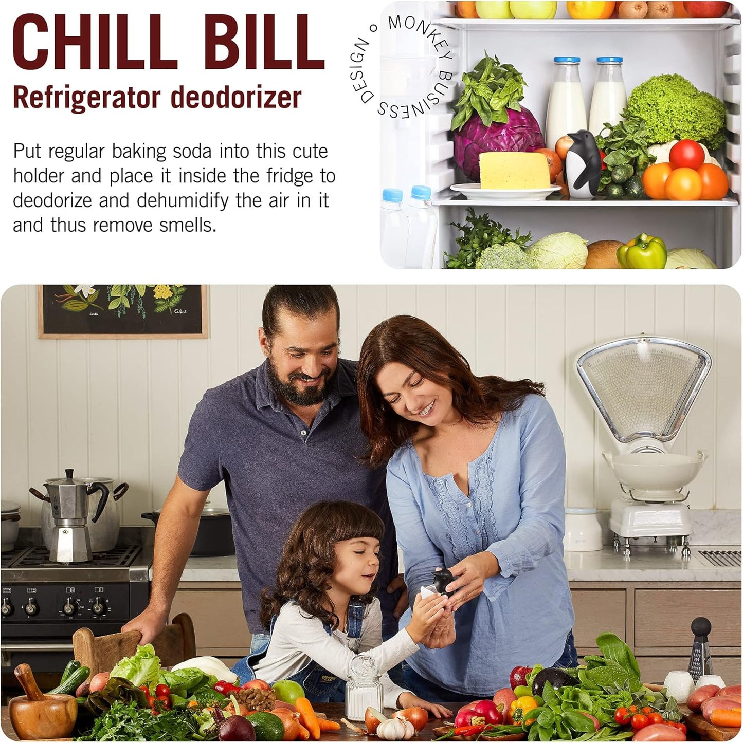 Monkey Business Chill Bill Refrigerator Deodorizer - Cute Baking Soda Container for Fresh Fridge | Kitchen Gadget
