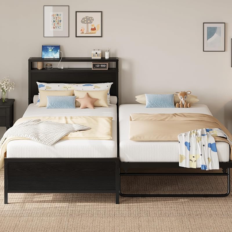 IRONCK Twin Daybed with Trundle, Storage Headboard & Charging Station - Black