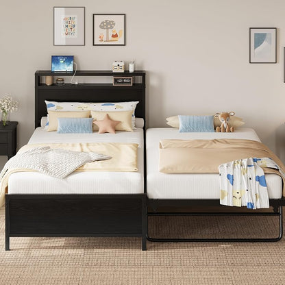 IRONCK Twin Daybed with Trundle, Storage Headboard & Charging Station - Black