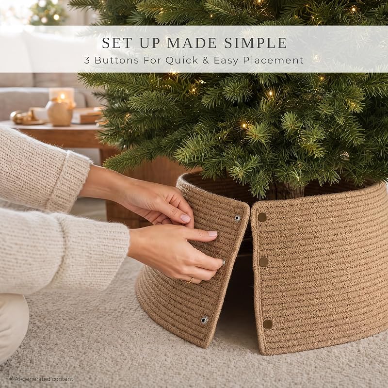 Brown 28" Jute Tree Collar - Modern Christmas Tree Ring, 9" Tall