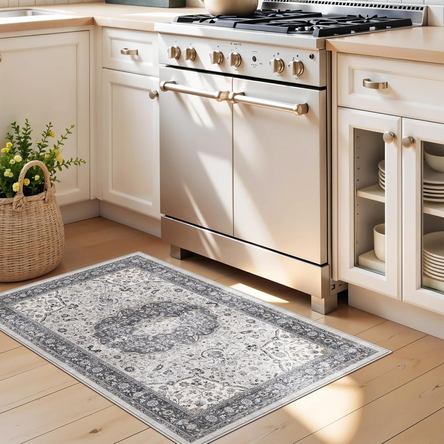 Regine Switzerland Washable 2x3 Entryway Area Rug - Vintage Soft Thin Non-Slip Carpet in Grey