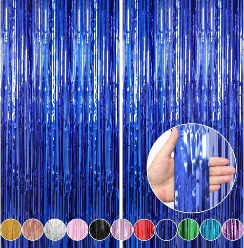 Crosize Dark Blue Foil Fringe Curtains - 2 Pack 3.3 x 9.9 ft Tinsel Backdrop for Parties & Birthdays