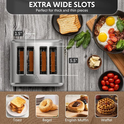 BUYDEEM DT440 4-Slice Stainless Steel Toaster - Extra Wide Slots for Bagels & Muffins, Retro Silver Finish