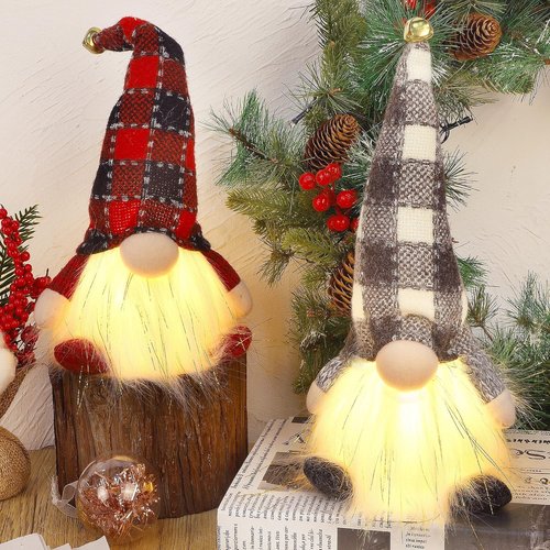 Juegoal Lighted Christmas Gnomes - 12 Inch Handmade Plush Tomte with Buffalo Plaid Hat | Battery Operated Holiday Decor