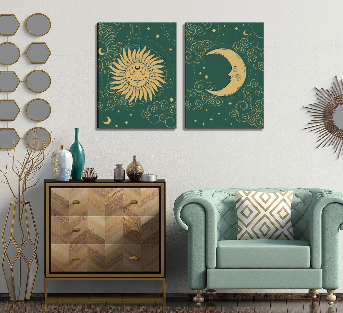 2pcs Fantastic Celestial Sun and Moon Wall Art Pictures, Astrology Posters Prints, Gold and Green Canvas Paintings, Tarot Cards Bohemian Wall Decor Medieval European Bedroom Decor, Living Room