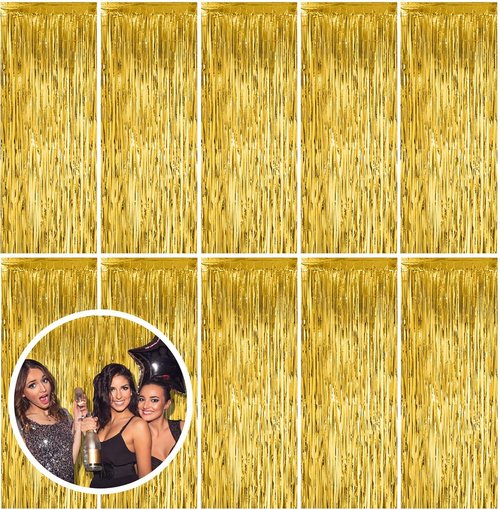 Gold Fringe Curtain Backdrop by [Brand Name] - 10 Pack Tinsel Streamers for Parties & Events | Perfect for Birthdays, Christmas, & Graduations