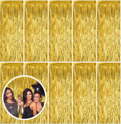 Gold Fringe Curtain Backdrop by [Brand Name] - 10 Pack Tinsel Streamers for Parties & Events | Perfect for Birthdays, Christmas, & Graduations