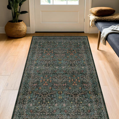 Vintage Floral Dark Green 3x5 Area Rugs for Entryway, Kitchen, Bedroom Beside Rug, Laundry Room, Non-Slip Low Pile Ultra Soft Stain Resistant Small Carpet