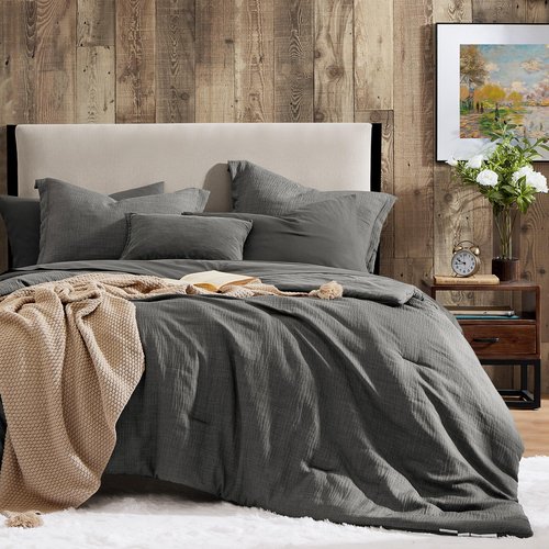 Geniospin Full Comforter Set - 7 Pieces Comforter Full Size, Solid Bedding Sets for All Season, Textured Bed in a Bag with Flat Sheet and Fitted Sheet, Pillowcases and Shams (Grey, 80''x90'')