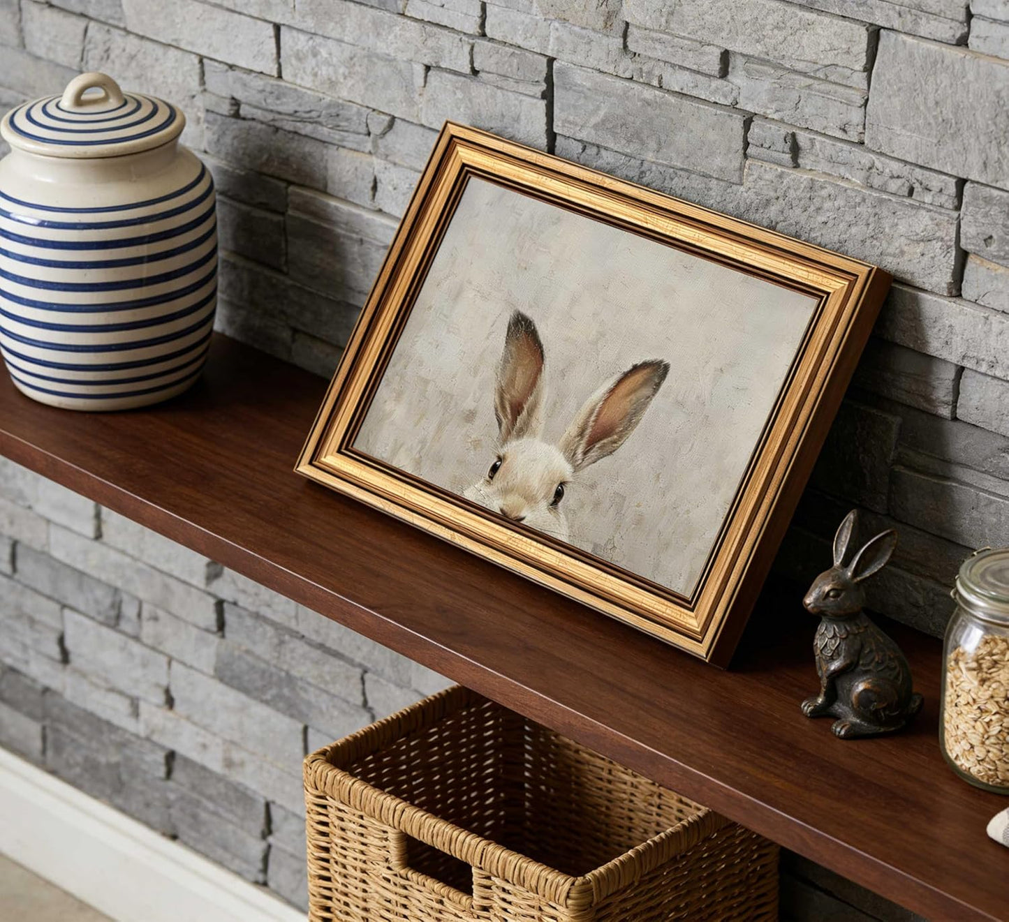 Vintage Gold Framed Bunny Canvas Wall Art - Rustic Rabbit Oil Painting for Living Room & Bedroom | 9x11in