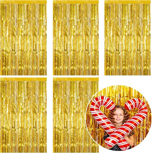 Gold Metallic Tinsel Foil Fringe Curtains by [Brand Name] - 5 Pack Photo Booth Props for Parties & Celebrations