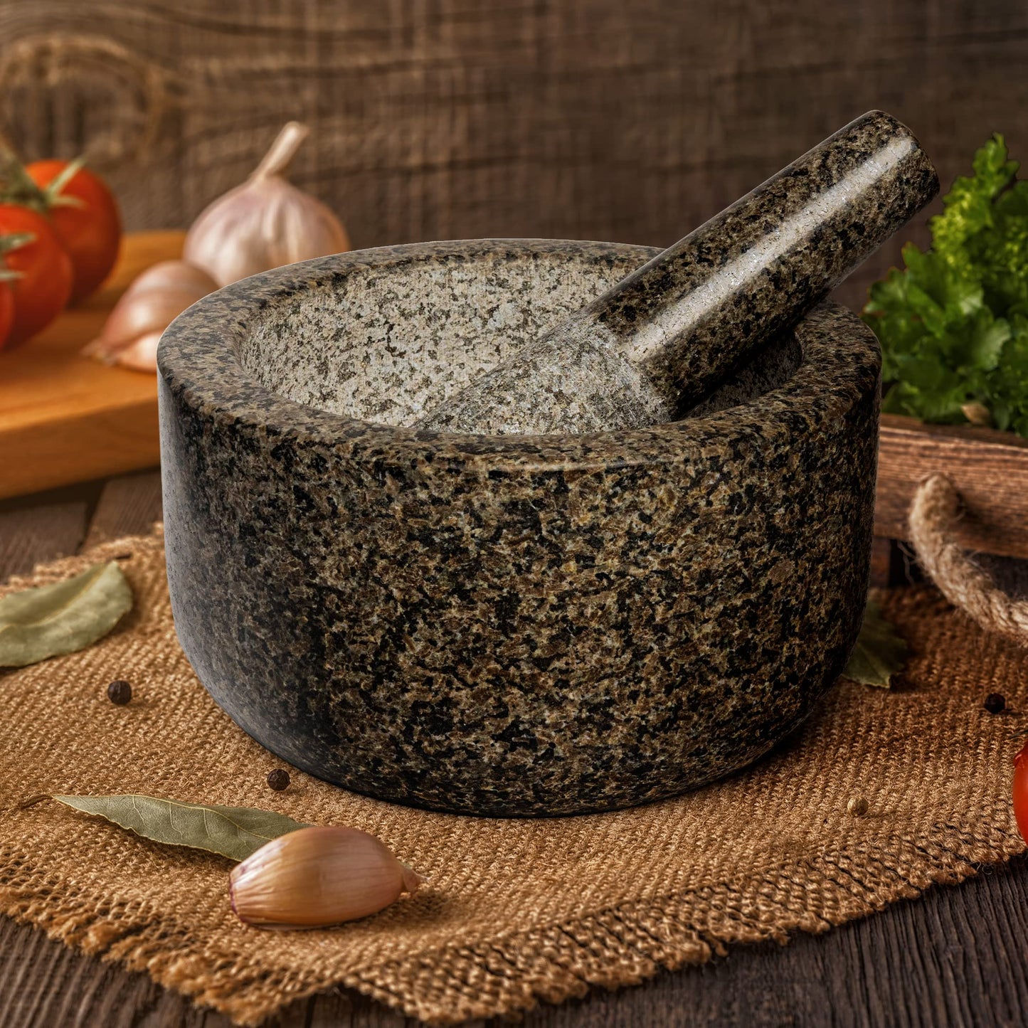 Heavy Duty Large Mortar and Pestle Set,100% Granite, Non Slip Base, Make Fresh Guacamole, Salsa, Pesto, Stone Grinder Bowl, Herb Crusher, Spice Grinder, 4 Cup, Black