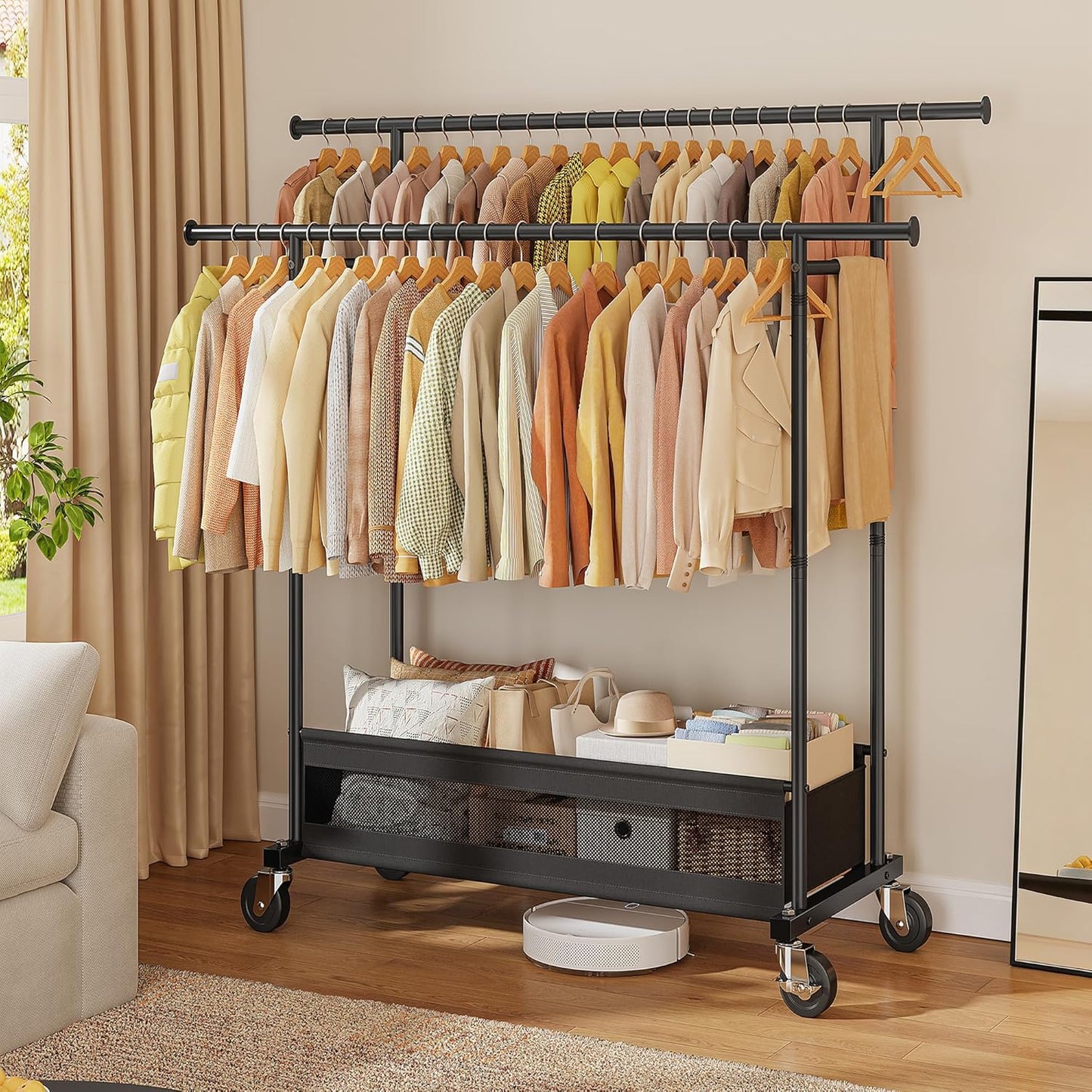 Skiennix Double Rod Clothing Rack - Heavy Duty Rolling Garment Rack with Storage Basket | Black