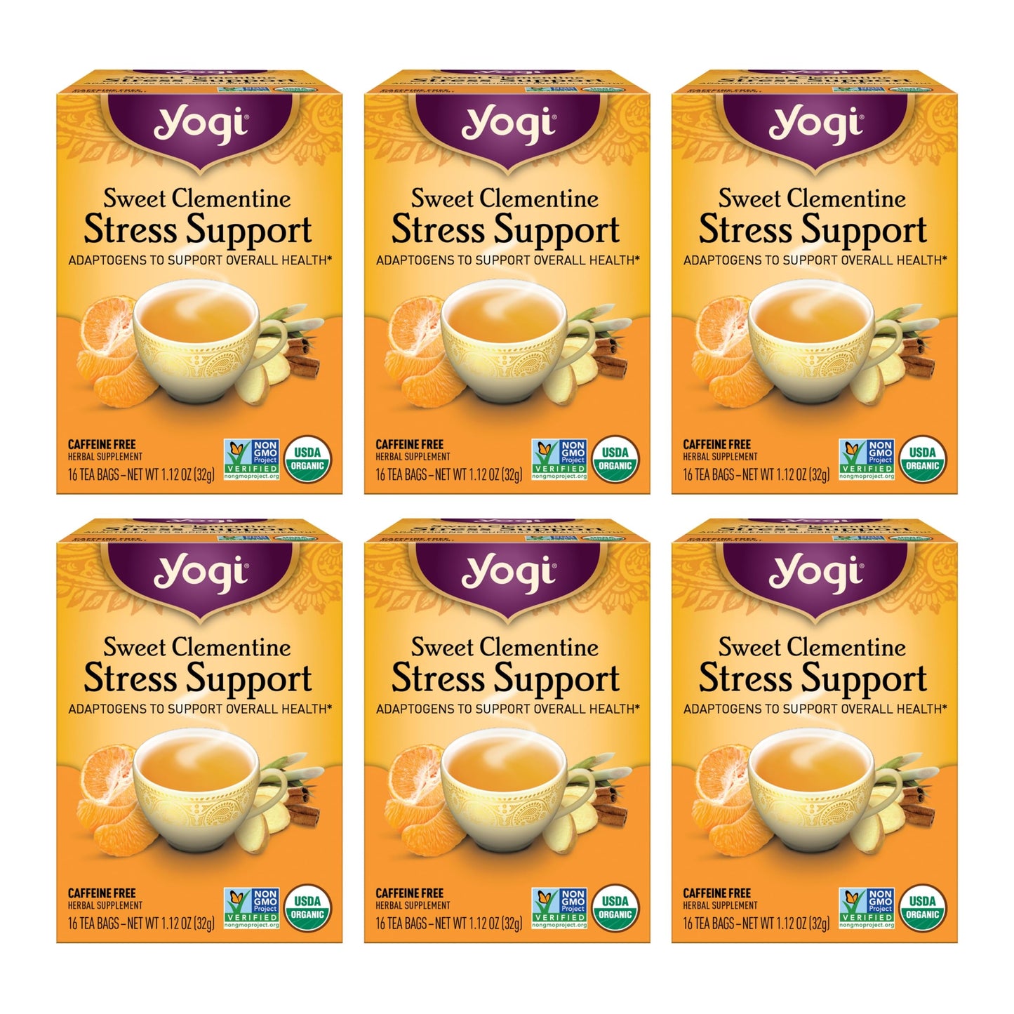 Yogi Tea Sweet Clementine Stress Support Tea, USDA Certified Organic, Non-GMO, 16 Tea Bags per Pack (6 Packs)