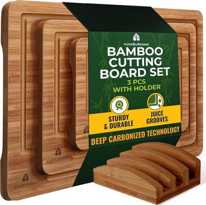 Bamboo Wood Cutting Board Set by Skiennix - Sturdy & Easy to Clean | 3 Sizes with Juice Grooves for Kitchen Use