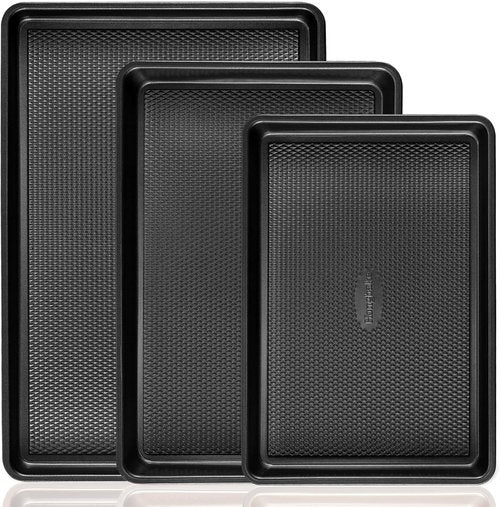 HONGBAKE Nonstick Cookie Sheets - Set of 3 Baking Pans with Diamond Texture, Dark Grey, 57% Thicker Carbon Steel