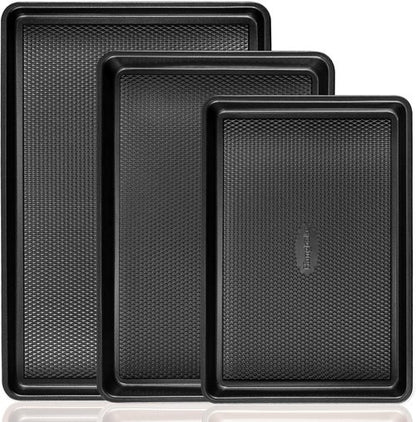 HONGBAKE Nonstick Cookie Sheets - Set of 3 Baking Pans with Diamond Texture, Dark Grey, 57% Thicker Carbon Steel