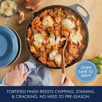 Rachael Ray NITRO Cast Iron Frying Pan/Skillet with Helper Handle and Pour Spouts, 12 Inch, Gray