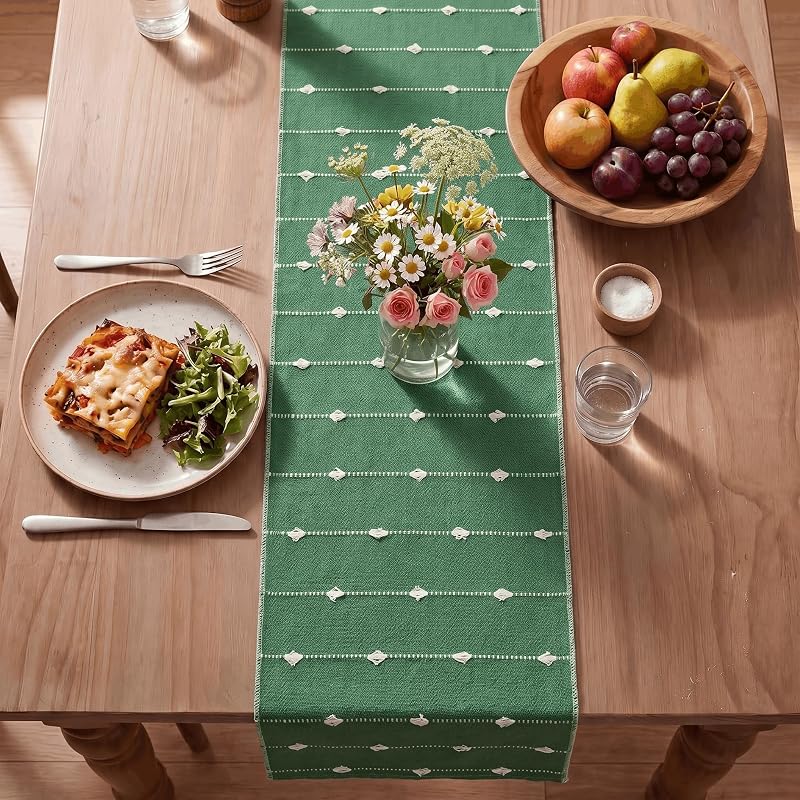 Artoid Mode Green Rustic Cotton Table Runner 12x72 Inch – Farmhouse Christmas Decor, Variation: Green 1+12" x 72"