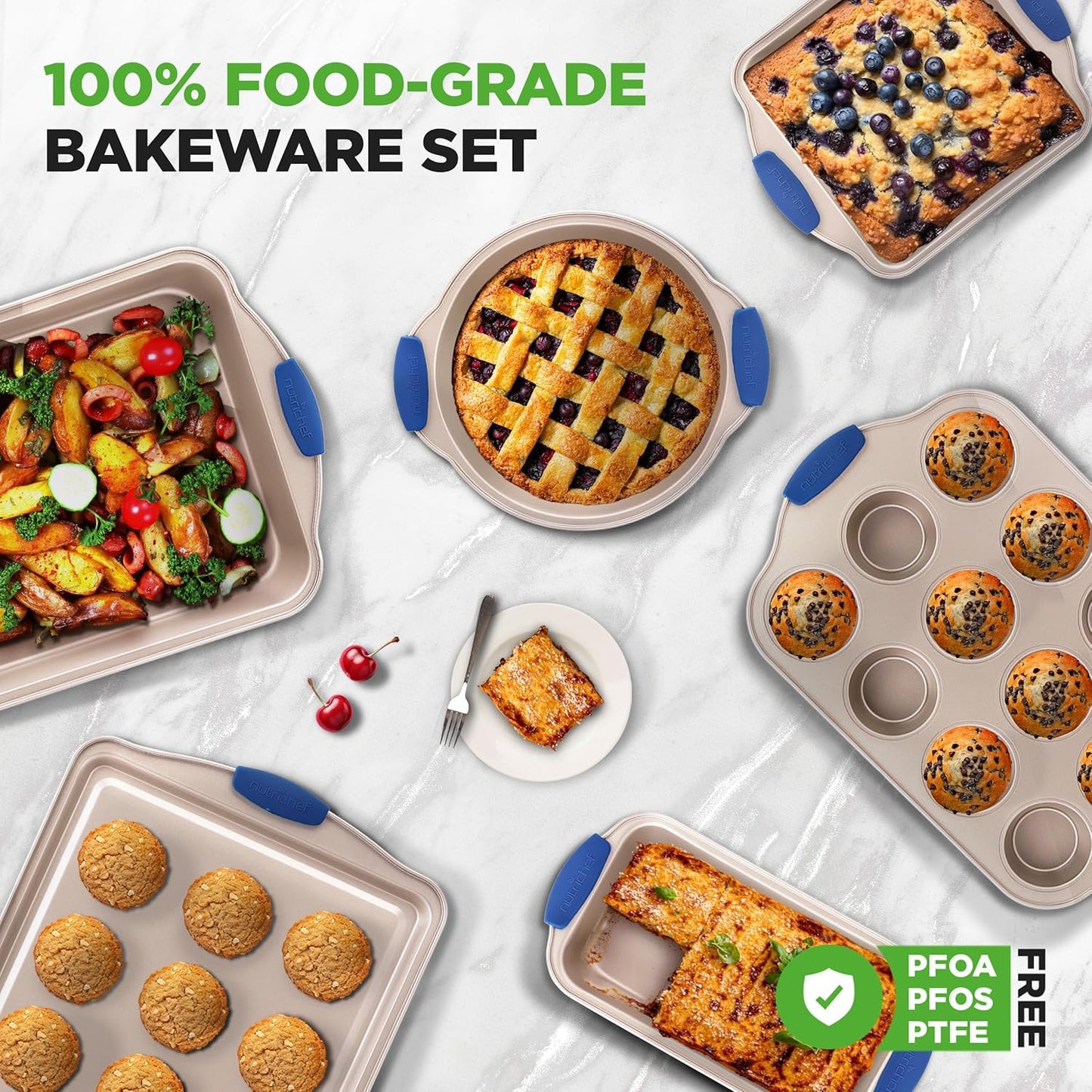 NutriChef 6-Piece Nonstick Bakeware Set - Premium Carbon Steel Trays with Heat-Safe Silicone Handles | Includes Loaf Pan, Muffin Pan, Round & Square Roasters, Cookie Sheet