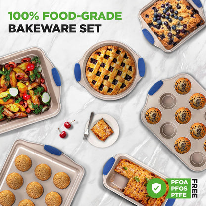 NutriChef 6-Piece Nonstick Bakeware Set - Premium Carbon Steel Trays with Heat-Safe Silicone Handles | Includes Loaf Pan, Muffin Pan, Round & Square Roasters, Cookie Sheet