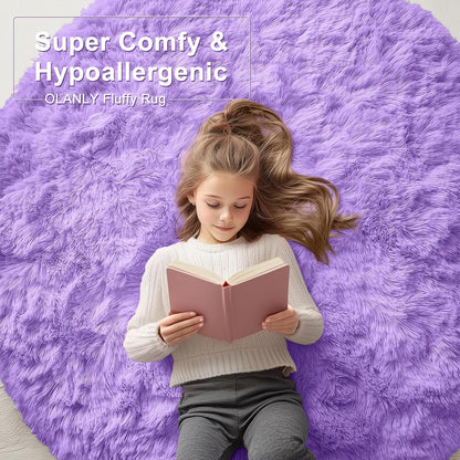 OLANLY Purple Round Area Rug - Soft, Fluffy, Machine Washable 4 ft Circle Rug for Bedroom & Living Room Decor